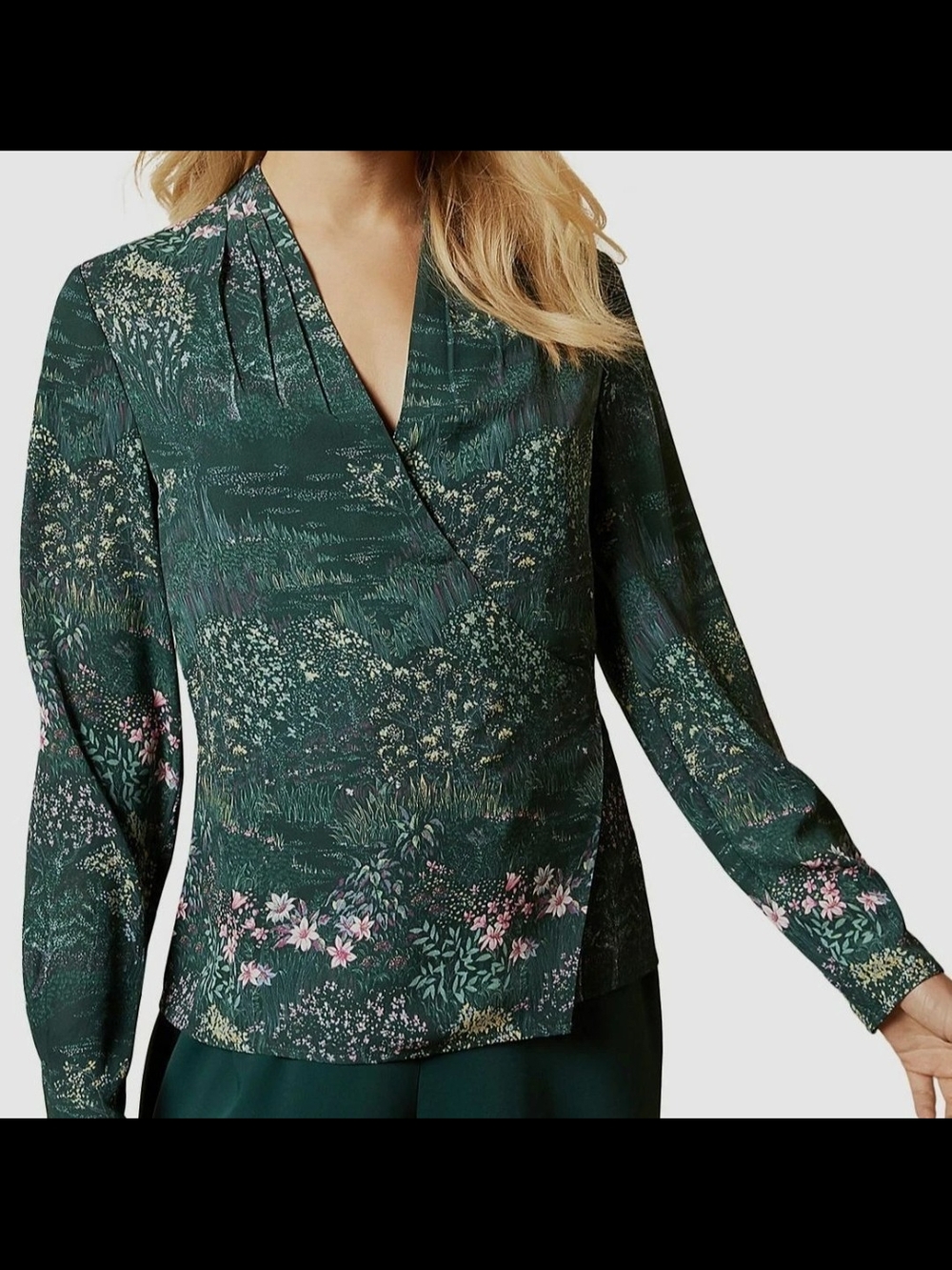 Ted Baker Dark Green Floral Wrap Blouse with Pink Accents